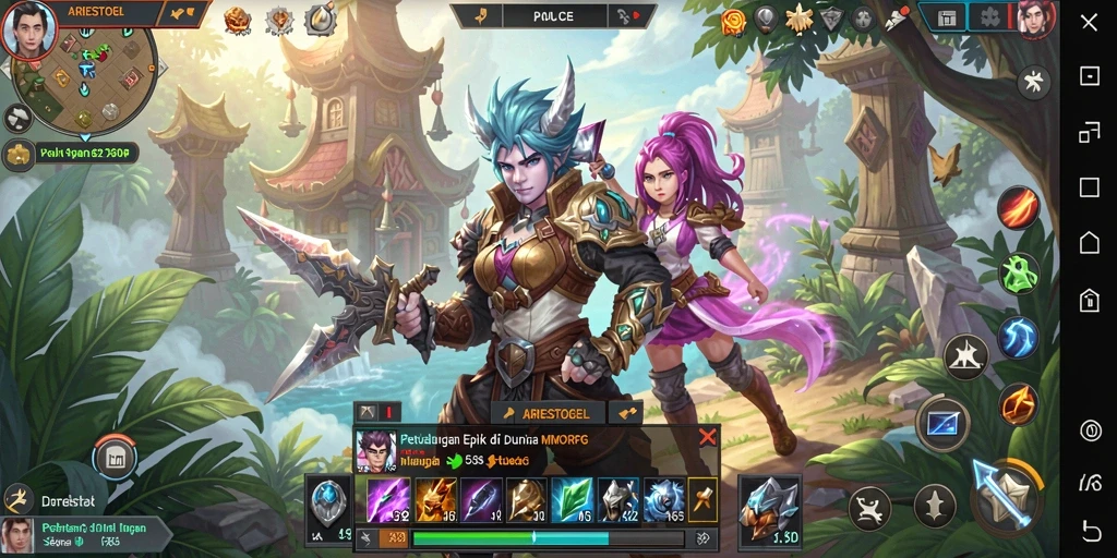 Tampilan gameplay menarik di ARIESTOGEL dengan aksi seru dan karakter beragam.
