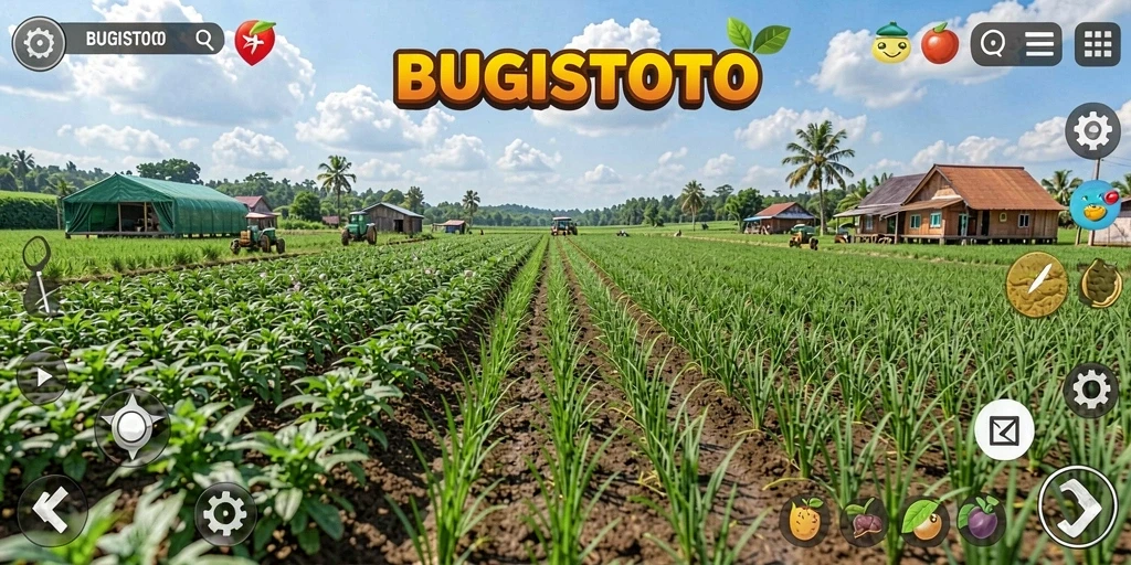 Screenshot gameplay BUGISTOTO menampilkan kebun yang subur dan aktivitas pertanian.