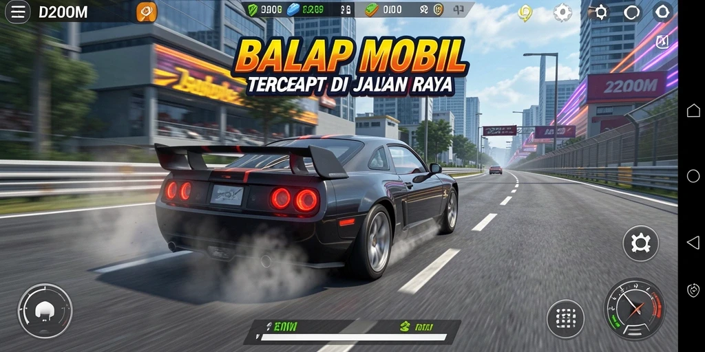 Screenshot utama D200M menampilkan aksi balap yang penuh adrenalin.