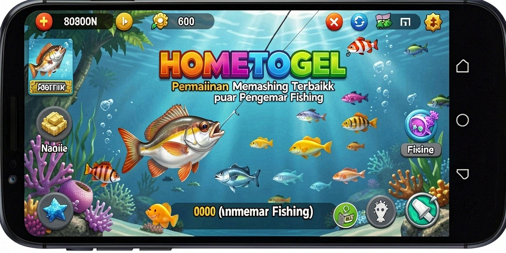 Tampilan gameplay HOMETOGEL yang menarik dengan aktivitas memancing.
