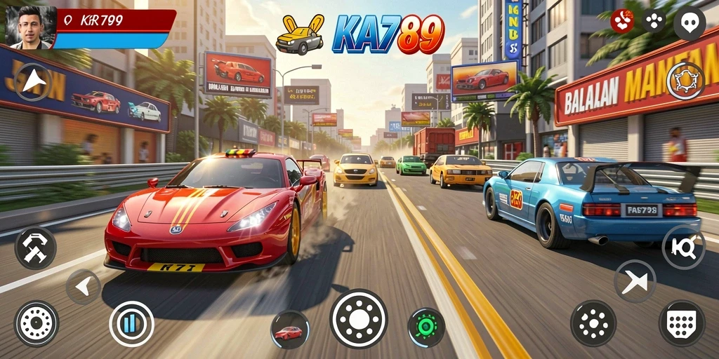 Tampilan gameplay seru KA789 dengan mobil balap di trek menantang.