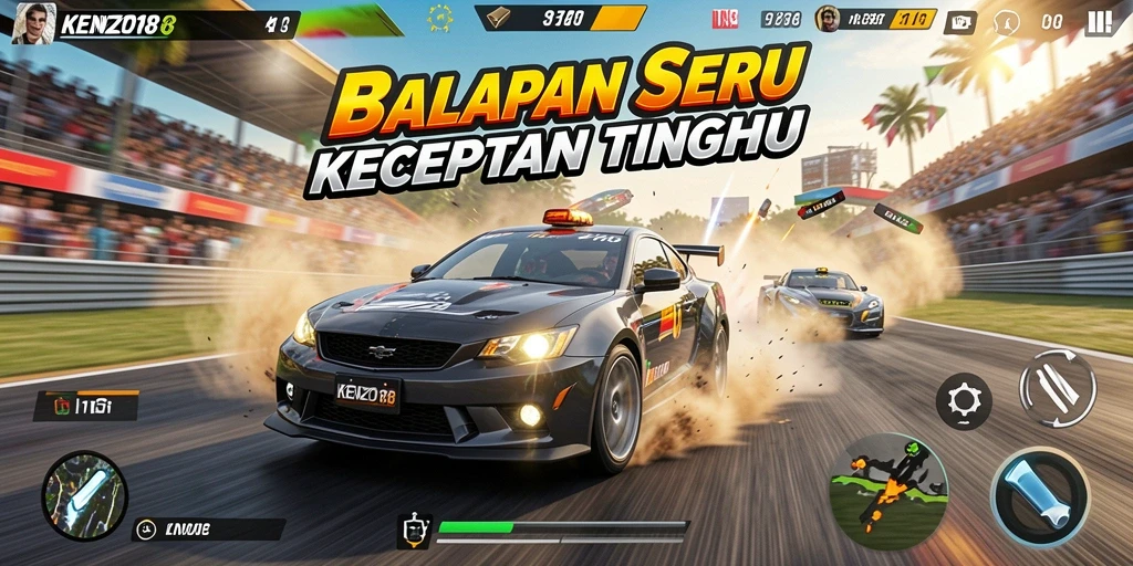 Tampilan gameplay seru di KENZO188 dengan mobil balap melaju kencang.