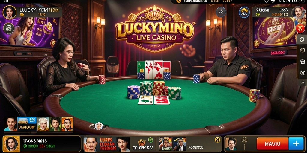 Screenshot gameplay LUCKYMINO menunjukkan dealer yang berinteraksi dengan pemain secara langsung.