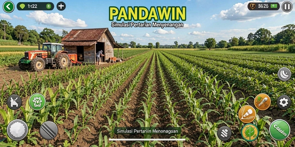 Tampilan gameplay menarik dari PANDAWIN yang menggambarkan aktivitas bertani.