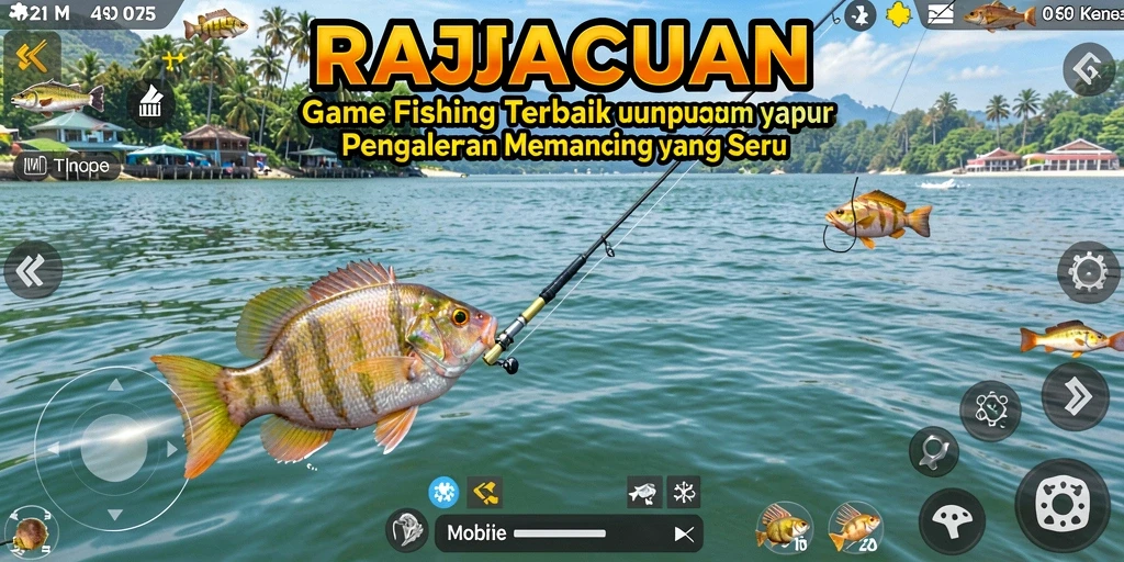 Gameplay RAJACUAN yang menampilkan aksi memancing yang seru.