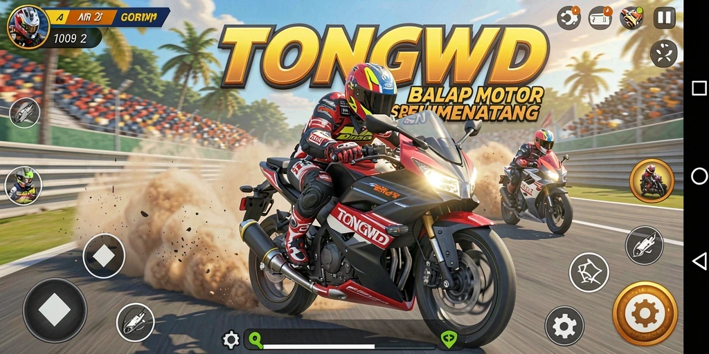 Screenshot utama TONGWD menunjukkan balapan cepat dengan detail motor yang fantastis.